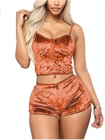 Sets Women's Velvet 2 PCS Outfit Spaghetti Strap Sleeveless Crop Top+ Shorts Babydoll Satin Pajama Set - Orange - C0190LCUSED...