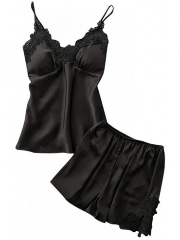 Tops Women Night Sleepwear Sexy Satin Sling Sleepwear Lingerie Lace Nightdress Underwear Set - Black - CV1943LTO2W $24.49