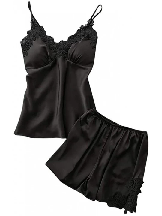 Tops Women Night Sleepwear Sexy Satin Sling Sleepwear Lingerie Lace Nightdress Underwear Set - Black - CV1943LTO2W $13.95