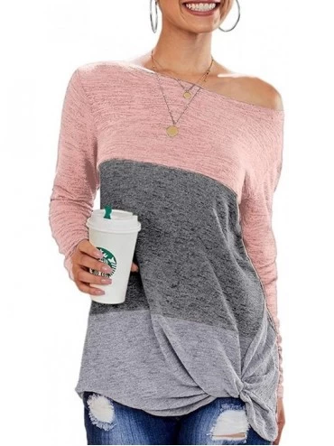 Tops Women Long Sleeve Round Neck Blouse Color Block Striped Casual Tops T Shirt - Twist Pink - CE18YSIQMK5 $35.89
