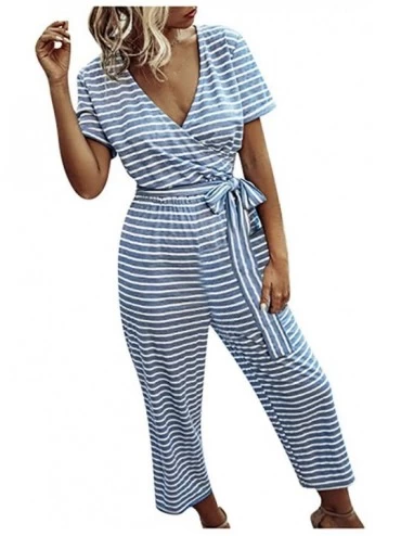 Sets Women Stitching Stripes Short Sleeve Jumpsuit Long Pajamas Set One Piece Loose Sleepwear Elastic Waist Playsuit Blue - C...