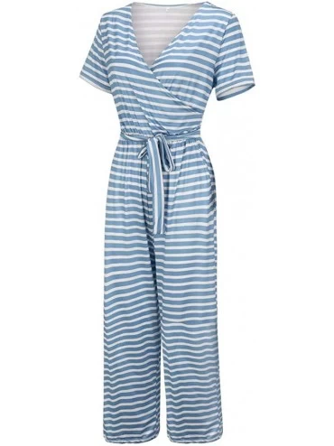 Sets Women Stitching Stripes Short Sleeve Jumpsuit Long Pajamas Set One Piece Loose Sleepwear Elastic Waist Playsuit Blue - C...