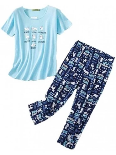 Sets Women's Pajama Sets Short Tops with Capri Pants Cotton Sleepwear Ladies Sleep Sets - Cute Cat - CN190TNM2GM $14.39