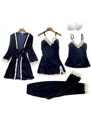 Sets Velvet Pajamas for Women Warm Sleepwear Soft V-Neck 4 Piece Sets with Chest Pads - Blue - CX19DECII7I $69.98