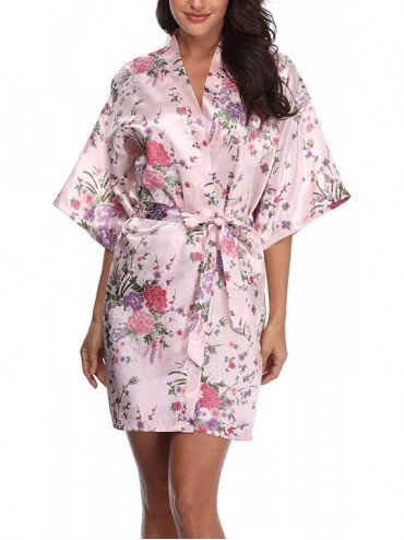 Robes Women's Floral Robes Short Silk Bridal Bathrobe Satin Kimono Wedding Sleepwear - Light Pink - CT18OW995S0 $21.73
