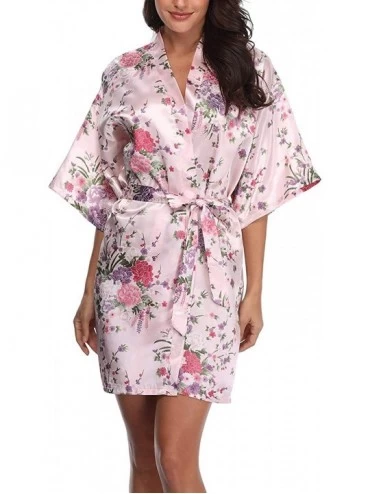 Robes Women's Floral Robes Short Silk Bridal Bathrobe Satin Kimono Wedding Sleepwear - Light Pink - CT18OW995S0 $19.61