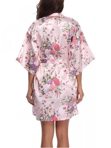 Robes Women's Floral Robes Short Silk Bridal Bathrobe Satin Kimono Wedding Sleepwear - Light Pink - CT18OW995S0 $10.60