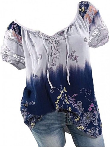Thermal Underwear Lace Printed Tops Women Short Sleeve V-Neck Loose T-Shirt Blouse - A Purple - CU18UDWAGRS $49.20