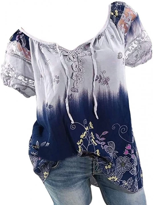Thermal Underwear Lace Printed Tops Women Short Sleeve V-Neck Loose T-Shirt Blouse - A Purple - CU18UDWAGRS $24.01