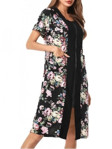 Robes Women Zipper Robe Short Sleeve Loungewear Knee Length Nightgown Duster Housecoat with Pockets - A-black - C518RS38IRZ $...