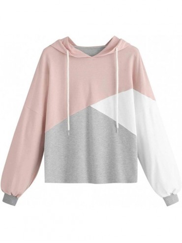 Tops Womens Autumn Long Sleeve Patchwork Drawstring Sweatshirt Hooded Pullover Tops - Pink - CV18WYRYQK7 $41.37