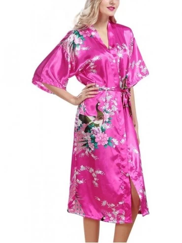 Nightgowns & Sleepshirts Women's Dressing Gown Kimono Bathrobe Satin Peacock Robe Bridesmaid Nightwear Nightgown - Rose - CK1...