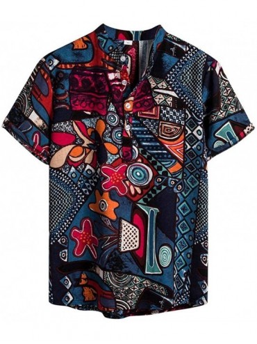 Shapewear Ethnic Style Clothing Mens Cotton Linen Printing Hawaiian Short Sleeve Shirts Henry Beach Party Clothing Top - Blue...