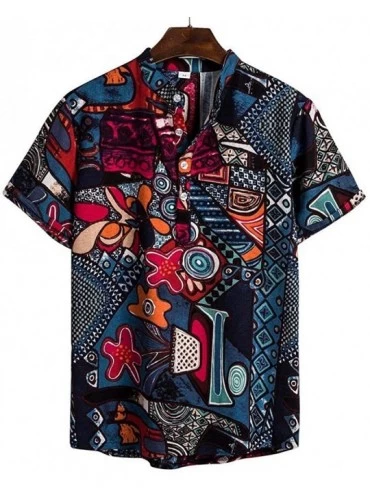 Shapewear Ethnic Style Clothing Mens Cotton Linen Printing Hawaiian Short Sleeve Shirts Henry Beach Party Clothing Top - Blue...