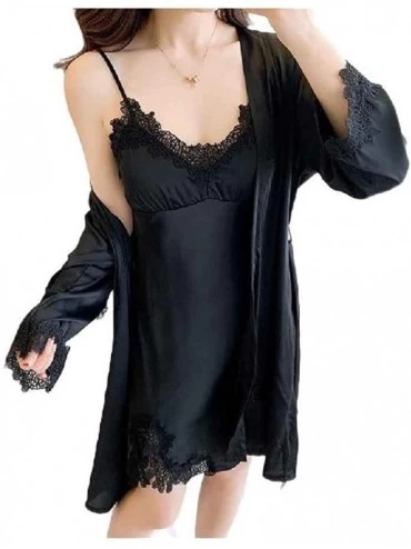 Nightgowns & Sleepshirts Women's Sexy Backless Sling Silk Everyday Two Piece Lace Nightgown - Black - CV199QU5AN6 $66.87