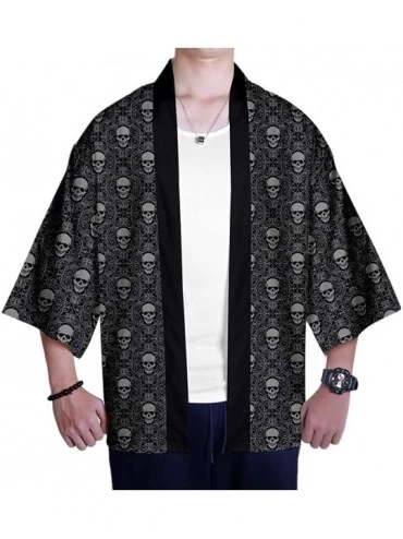 Robes Men's Kimono Japanese Floral Printed Kimono Cardigan Shirts Jackets - Skull - C8194EIILA3 $18.39
