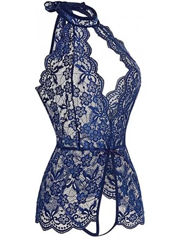 Nightgowns & Sleepshirts Openwork Conjoined Lingerie Women's Hanging Neck Lingerie Fishnet Babydoll Mini Dress Bodysuit - Blu...