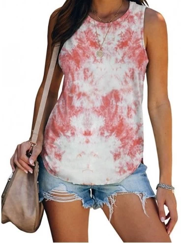 Tops Womens Tie Dye Tank Tops Racerback Casual Round Neck Ribbed Cotton Sleeveless Long Tunic Tops - Pink - CL198ALM70O $52.71