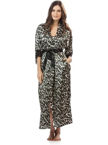 Robes Women's Satin Lace Trim Long Kimono Robe - Leopard - CY12ITDOA29 $36.32