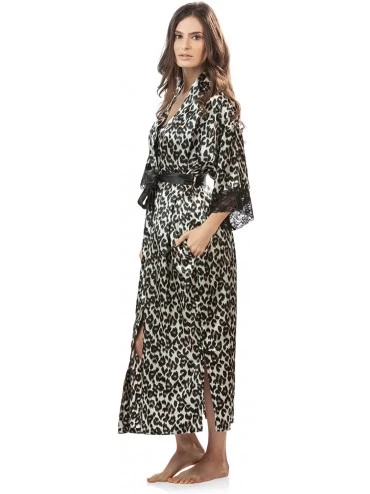 Robes Women's Satin Lace Trim Long Kimono Robe - Leopard - CY12ITDOA29 $36.32