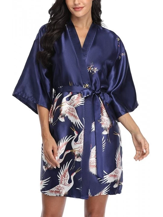 Robes Womens Satin Kimono Robes Crane and Blossoms Printed Dressing Gown Short Silky Bridesmaid Wedding Robes Navy Blue - CT1...