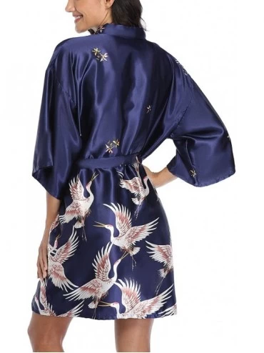 Robes Womens Satin Kimono Robes Crane and Blossoms Printed Dressing Gown Short Silky Bridesmaid Wedding Robes Navy Blue - CT1...