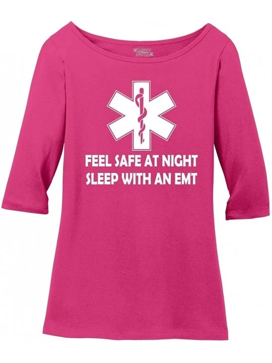 Tops Ladies Feel Safe at Night Sleep with EMT Scoop 3/4-Slv Tee - Dark Fuchsia - C918KGQCQ76 $18.35