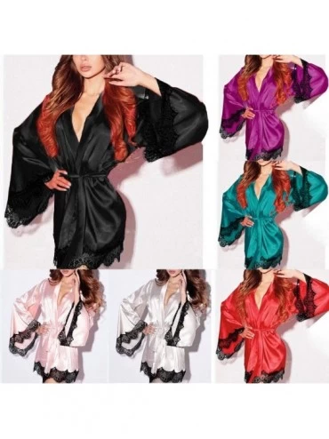 Robes Womens Satin Nightshirt Kimono Robe V Neck Babydoll Chemises Bathrobe Nightgown with Lace Trim Y096 - Pink - CR18NEYHML...