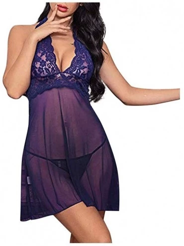 Slips Women Sling Lace Lingerie Pajamas Sexy Halter Nightdress Underwear Set - Purple - CS196H5U9QW $9.75