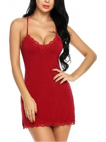 Nightgowns & Sleepshirts Women Sleepwear Ladies Lace V-Neck Sling Backless Babydoll Nightgown Sexy Lingerie Nightdress - Red ...