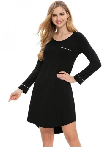 Nightgowns & Sleepshirts Women's Long Sleeve Nightdress Stretch-Jersey Nightshirt Hi Low Loungewear - Black - CU1943GAAW8 $24.52