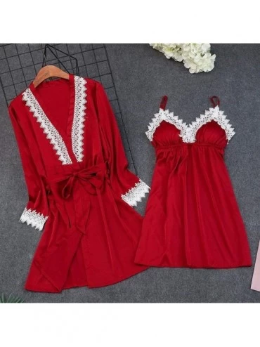 Tops Sleepwear Set for Women Sexy Lace Splicing Bathrobe Chemise Nightgown Pajamas Set Soft Breathable Nightwear Outfit Red -...
