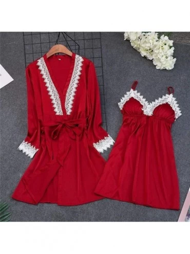 Tops Sleepwear Set for Women Sexy Lace Splicing Bathrobe Chemise Nightgown Pajamas Set Soft Breathable Nightwear Outfit Red -...