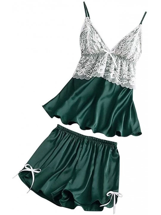 Sets Sexy Lingerie for Women Plus Size Satin Lace V Neck Camisole Bowknot Shorts Set Sleepwear Pajamas Lingerie Green - CW195...