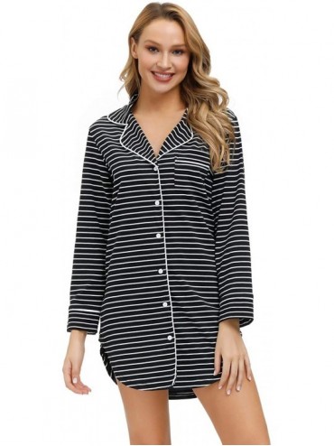 Nightgowns & Sleepshirts Nightgown Women Boyfriend Pajamas Long Sleeve Button Down Sleep Shirts Dress - Black Stripelong Slee...