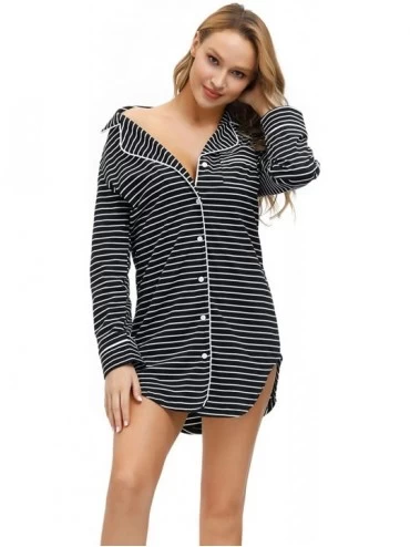 Nightgowns & Sleepshirts Nightgown Women Boyfriend Pajamas Long Sleeve Button Down Sleep Shirts Dress - Black Stripelong Slee...