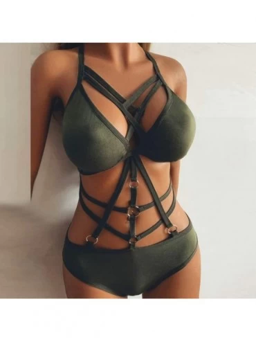 Baby Dolls & Chemises Women's Sexy Strappy Lingerie Set Lace Lingerie 2 Piece Bra and Panty Set Halter Underwear - Green - CB...