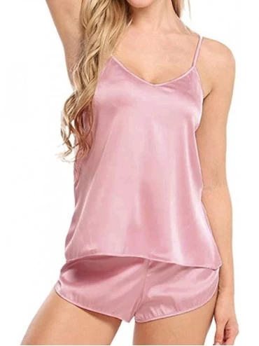 Baby Dolls & Chemises Underwear Women-Summer Women Sleepwear Sleeveless Strap Nightwear Lace Trim Satin Cami Top Pajama Sets ...