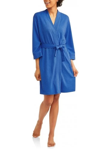 Robes Women's Textured Knit Short Wrap Robe - Blue - CM18G3NM8GS $34.29