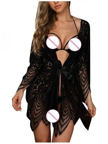 Garters & Garter Belts 3PC Women Plus Size Floral Lace Trim Up Robe Bra Panty Set Nightgown Lingerie - Black - CW195AQN0N0 $1...