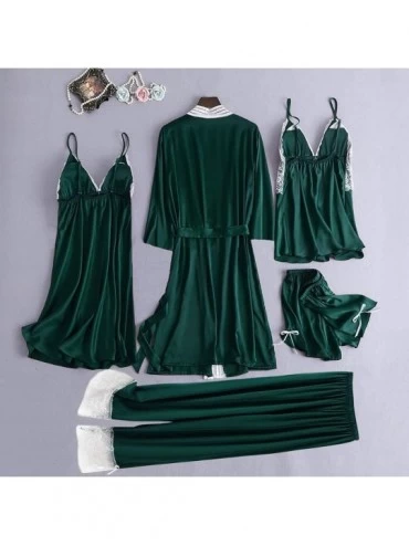 Tops 5 Pc Sleepwear Outfit for Women-Sexy Pajamas Set Include Lace Patchwork Robes Chemise Camisole Shorts and Sleep Pants - ...