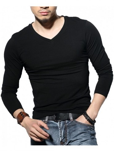 Undershirts Men's Tagless Slim Fit Top Muscle Cotton V-Neck Long Sleeve Undershirts T-Shirts - Black - C3123EPUZ0T $34.46