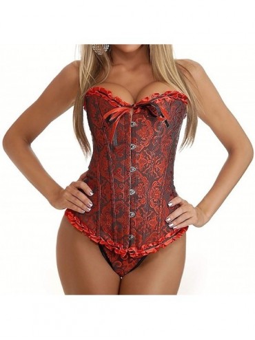 Bustiers & Corsets Vintage Corset Top Overbust Bustier Lace Up Burlesque with G-String - Dark Red - CZ18UAOCRCI $38.78