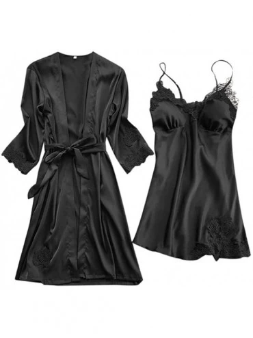 Baby Dolls & Chemises Sexy Women Nightgown-Silk Lace Robe Dress Soft Babydoll Loose Nightdress Kimono Sleepwear - X-black - C...