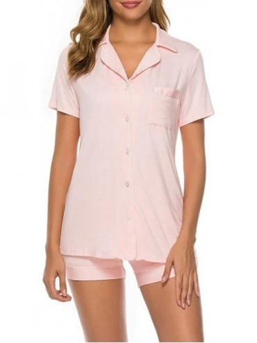 Sets Women's Pajamas Short Sleeve Set Soft Elegant Modal Sleepwear Pj Sets with Pocket - Pink - C018URSZ2OC $20.38