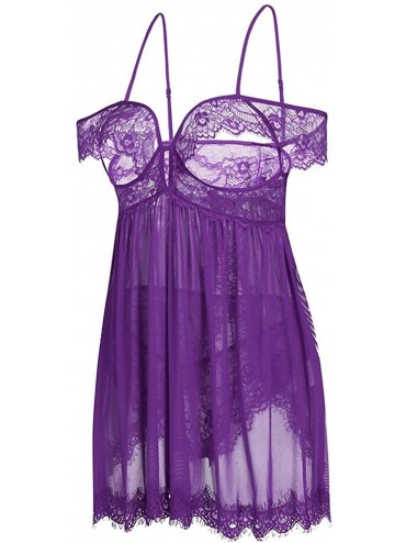 Slips Pajamas Set- New Women Lace Off-Shoulder Strapless Lingerie Underwear Back Split Nightdress - Purple - CD18XT8GGQR $34.29