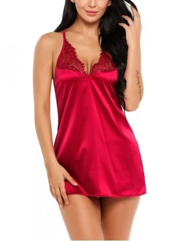Baby Dolls & Chemises Women Lace Babydoll Deep V Chemise Halter Sleepwear Backless Nightie Dress - Wine Red - C018659Q7YO $38.31