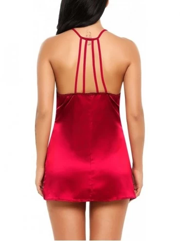 Baby Dolls & Chemises Women Lace Babydoll Deep V Chemise Halter Sleepwear Backless Nightie Dress - Wine Red - C018659Q7YO $18.65
