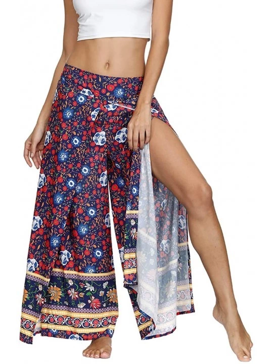 Bottoms Women's Boho Palazzo Slit Wide Leg Yoga Pants Summer Beach Bohemian Hippie Pants - Red Floral - CT19D3646LK $25.06