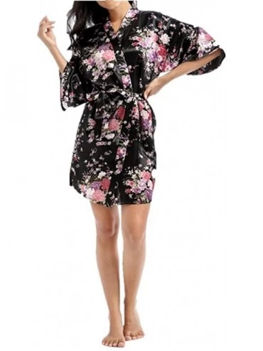 Robes Women's Short Nightgown Thin Loose Imitation Silk Cardigan Robe Morning Gown - Black - C5197344GZT $75.09